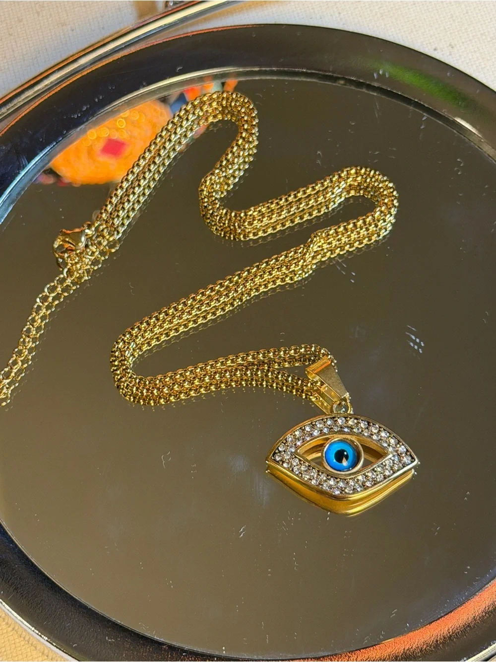 Gold Evil Eye Pendant Necklace with Blue Center - Picture 4 of 5